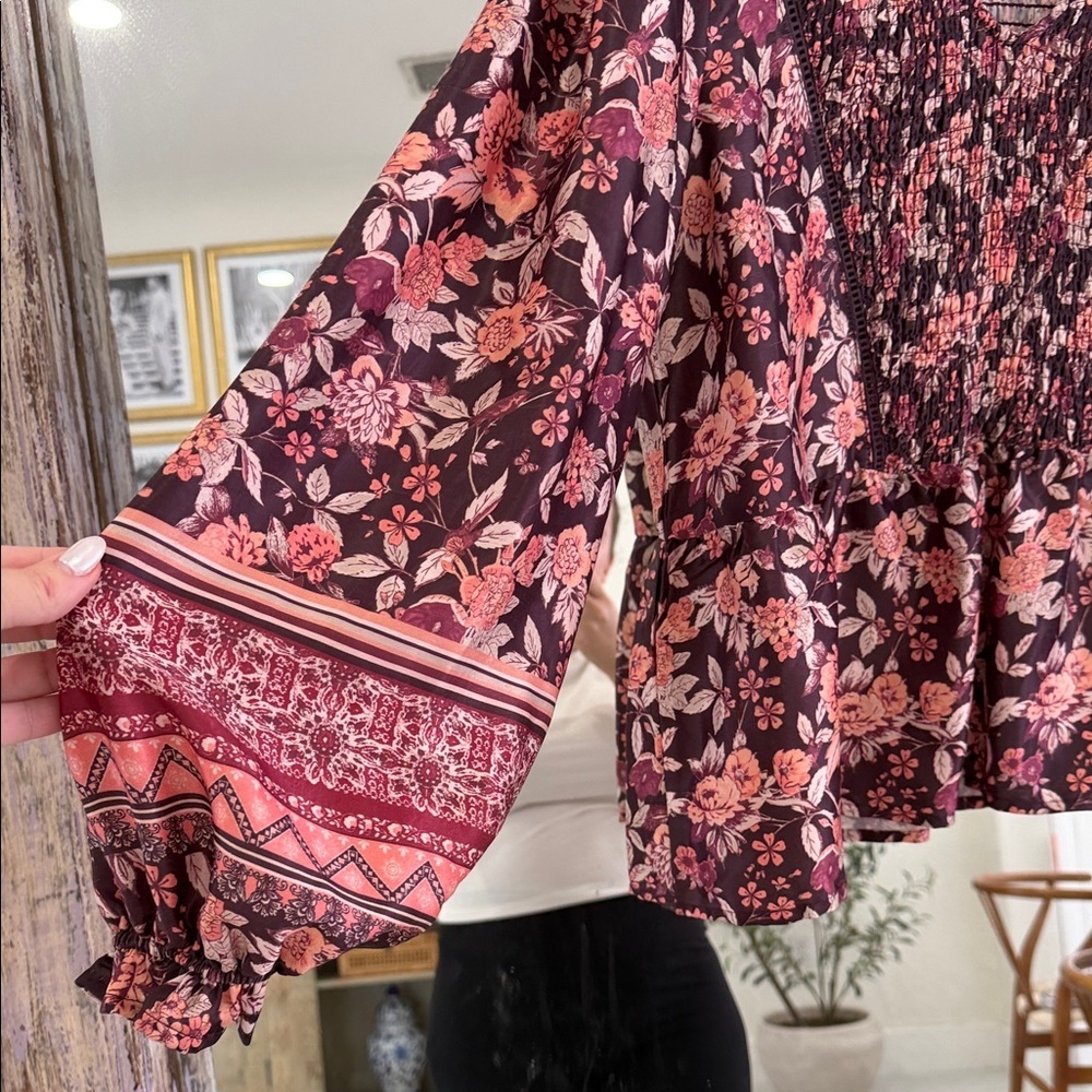 Crimson Peplum Floral V-Neck Blouse with Smocking- Burgundy and Peach - Picture 4 of 6